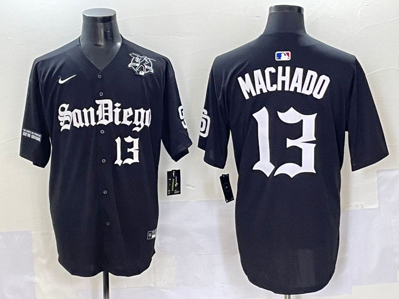 Men 2025 San Diego Padres #13 Machado Black Five generations Joint Name Nike MLB Jersey style 10